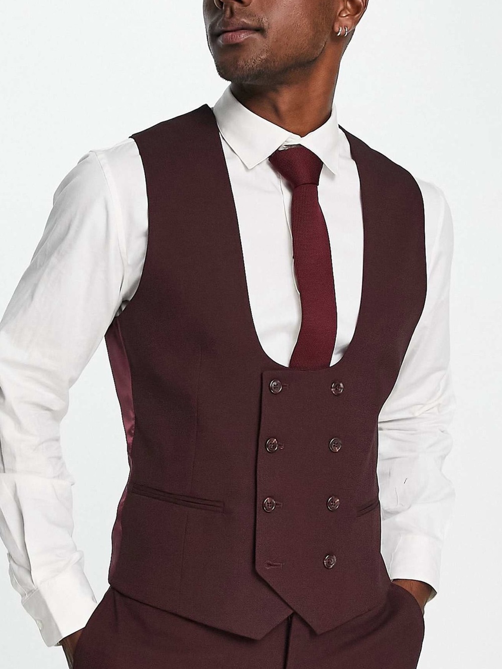 NWT- ASOS Design Men’s  Double-Breasted Burgundy Floral Back Multi Texture Vest
